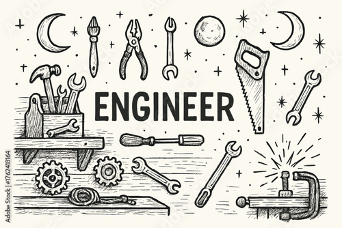 Workshop of Moons. Hand-drawn workshop with moons, tools, and sparks, center word “Engineer” in black and white isolated