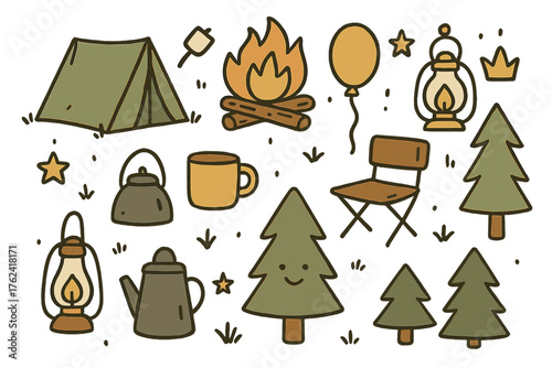 Cute Camping Doodles. Camping doodle icon set: hand drawn icons of tent, campfire, marshmallow, kettle, mug, chair, crown, star,