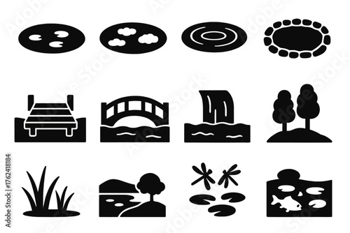 Pond Icons Collection. Solid style icons of Pond Scenes: pond surface, reflected sky, rippling water, stone edge, wooden dock,