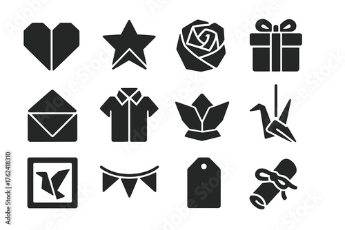 Decorative Origami Icons. Solid style icons of Decorative origami and gifts: folded heart, lucky star, origami rose, gift box,