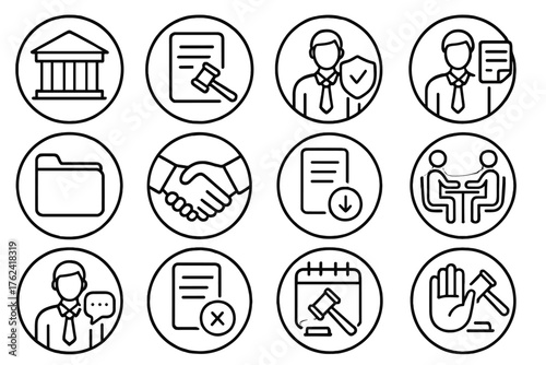 Litigation Line Icons. Line style round icons of litigation and disputes: courtroom icon, lawsuit doc, legal defense, legal claim;