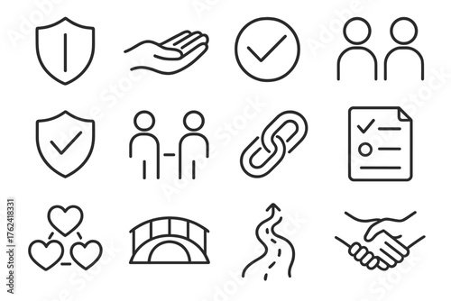 Trust Symbols Icons. Line style round icons of trust building: shield, open hand, verified check, eye contact; safety icon,