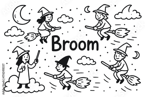 Broom Lesson Doodle. Doodle flying broom lesson with moons, clouds, and students, center word “Broom” in black and white isolated