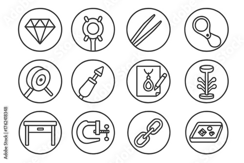Jewelry Making Icons. Line style round icons of jewelry making: gem, setting, prongs, loupe; polishing wheel, cutting tool, design