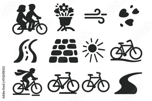 Romantic Bike Ride. Solid style icons of Romantic Ride: couple silhouette, flower-filled basket, breeze lines, bike trail, cobbled
