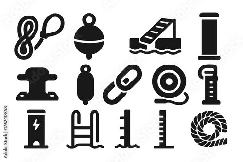 Harbor Equipment Icons. Solid style icons of Harbor and mooring equipment: dock line, mooring buoy, gangway, pier post, bollard,