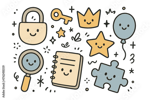 Quest Room Icons. Quest room doodle icon set: hand drawn icons of lock with smile, key, crown, star, balloon, magnifier, notebook,