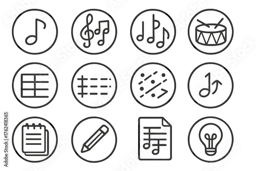 Music Composition Icons. Line style round icons of music composition: melody, harmony, chord, beat; arrangement, measure, pattern,