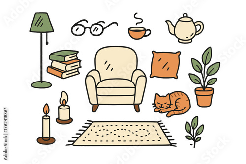 Cozy Reading Nook Icons. Reading corner doodle icon set: hand drawn icons of armchair, lamp, book stack, glasses, tea pot, pillow,