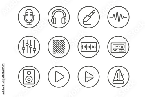 Recording Studio Icons. Line style round icons of recording studio: mic, headphones, guitar input, mixing board; soundproof panel,