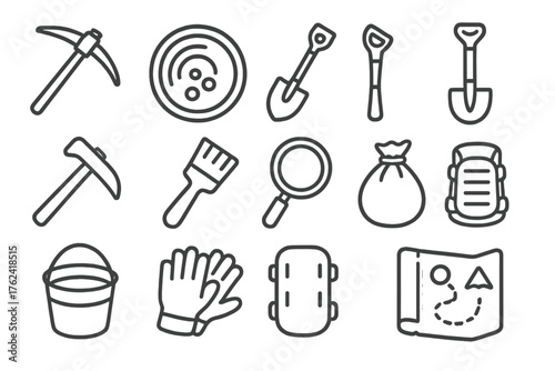 Prospecting Tools Icons. Line style round icons of prospecting tools: pickaxe, pan, shovel, sifter; hammer, brush, magnifying
