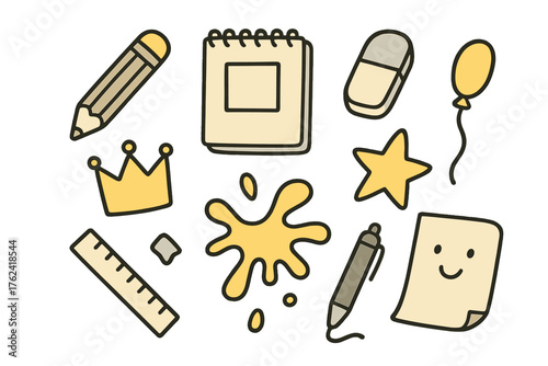 Cute Doodle Icon Set. Drawing doodle icon set: hand drawn icons of pencil, sketchbook, eraser, ruler, crown, star, balloon, paint