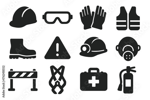 Quarry Safety Icons. Solid style icons of Quarry Safety: helmet, goggles, gloves, reflective vest, safety boots, warning sign,