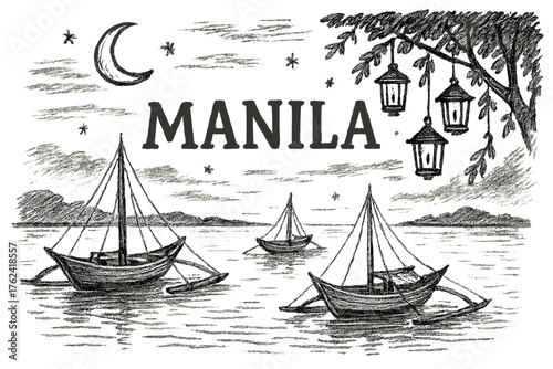 Manila Bay Serenity. Hand-drawn manila bay with boats, moons, and lanterns, center word “Manila” in black and white isolated