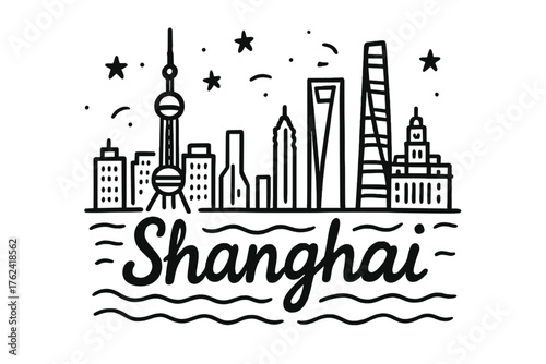 Shanghai Skyline Doodle. Doodle shanghai bund with skyline, stars, and waves, center word “Shanghai” in black and white isolated