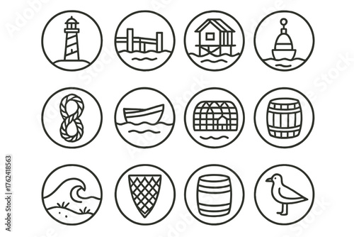 Coastal Life Icons. Line style round icons of coastal life: lighthouse, dock, fishing hut, buoy; rope, boat, crab trap, sand dune;