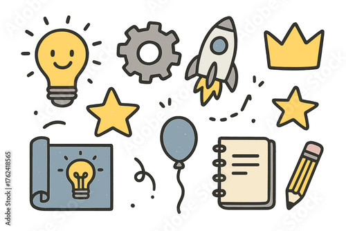 Creative Invention Doodle Icons. Invention doodle icon set: hand drawn icons of light bulb with smile, gear, rocket, crown, star,