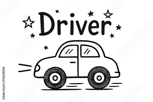 Starlit Drive. Hand-drawn car ride with stars, wheels, and lanterns, center word “Driver” in black and white isolated transparent