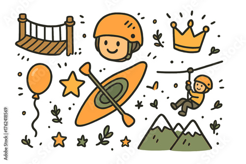 Adventure Doodle Icons. Adventure trip doodle icon set: hand drawn icons of rope bridge, helmet with smile, crown, star, balloon,