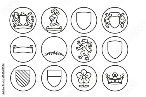 Heraldic Line Icons. Line style round icons of coat of arms details: supporters, helm, shield, mantling; motto scroll, compartment