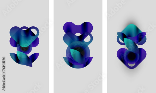 Abstract shapes, blue hues, gradient effects. Three panels display similar forms, creating modern art composition. Minimalist design, soft shadows.