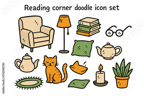 Cozy Reading Nook Icons. Reading corner doodle icon set: hand drawn icons of armchair, lamp, book stack, glasses, tea pot, pillow,