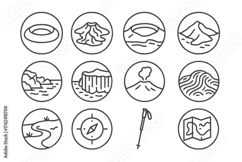 Volcanic Island Icons. Line style round icons of volcanic islands: caldera, lava field, crater lake, island ridge; rocky coastline