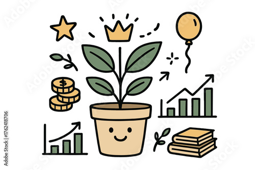 Growth Doodle Illustration. Business growth illustration doodle style: hand drawn plant in pot with smile, crown, star, balloon,