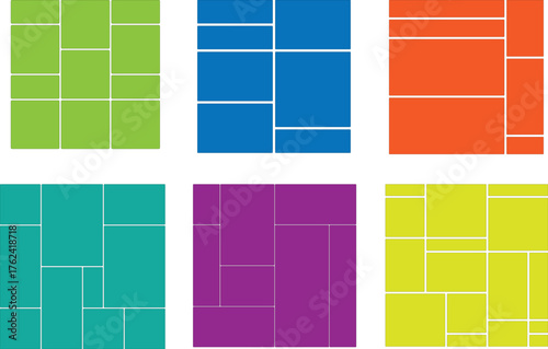 Colorful Geometric Bento Style .Modern Bento Grid Layout Template . bento box photo frame collage layout. Light mood board mockup horizontal banner. Colorful trendy geometric brick layout collection.