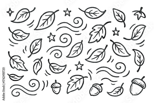Autumn Doodle Icons. Falling leaves doodle icon set: hand drawn icons of swirling leaves, stars, wind, and acorns. isolated