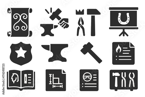 Blacksmith Training Icons. Solid style icons of Blacksmith apprenticeship and training: scroll pattern, hand strike guide, tool