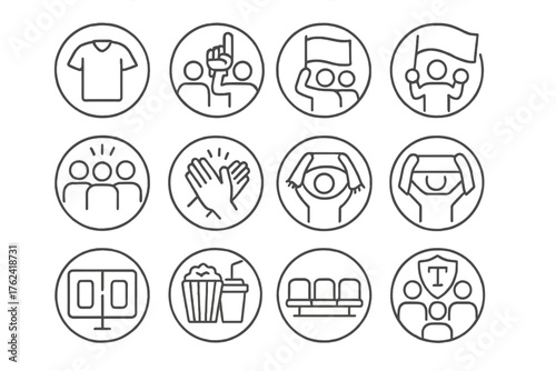 Sports Fan Icons. Line style round icons of crowd and fans: jersey, foam finger, flag, ticket; chant, clapping, team scarf, goal