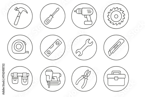 Construction Tool Icons. Line style round icons of construction tools: hammer icon, screwdriver, power drill, saw blade; tape