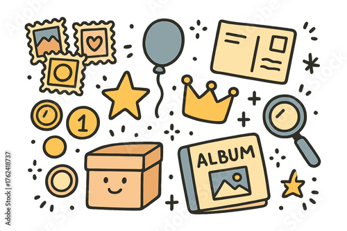 Doodle Icon Collection. Collecting doodle icon set: hand drawn icons of stamps, coins, postcards, crown, star, balloon, album,