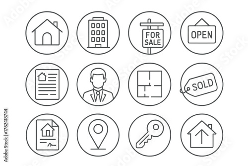 Real Estate Icons. Line style round icons of real estate essentials: house icon, apartment building, for sale sign, open house;