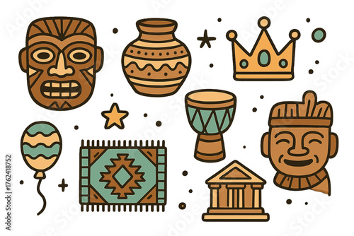 Cultural Icons Doodle. Cultural heritage doodle icon set: hand drawn icons of traditional mask, pottery, drum, crown, star,