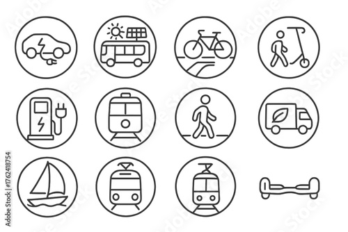 Eco Transportation Icons. Line style round icons of eco transportation: electric car, solar bus, bike lane, e-scooter; charging