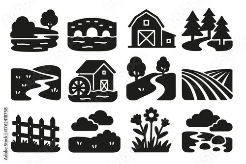 Rustic Scenery Icons. Solid style icons of Rustic Scenery: riverbank, stone bridge, wooden barn, forest trees, grassy meadow,