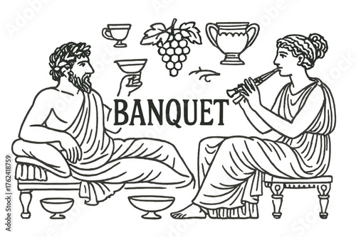 Greek Banquet Scene. Hand-drawn greek banquet with cups, grapes, and music, center word “Banquet” in black and white isolated