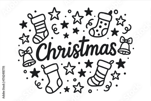 Festive Christmas Doodle. Doodle christmas usa with stockings, stars, and bells, center word “Christmas” in black and white