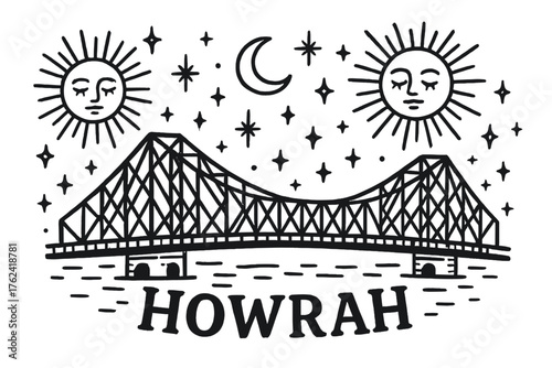 Howrah Bridge Illustration. Hand-drawn howrah bridge with moons, suns, and sparkles, center word “Howrah” in black and white