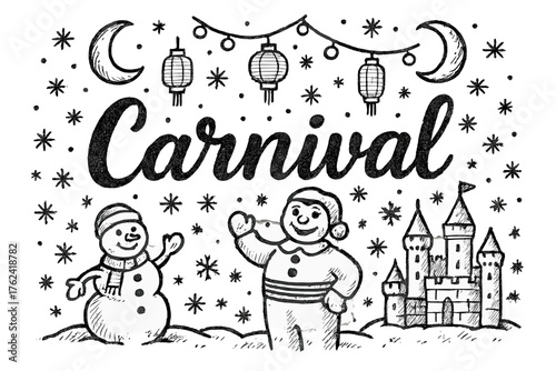 Quebec Winter Carnival Scene. Hand-drawn quebec winter carnival with moons, snowflakes, and lanterns, center word “Carnival” in