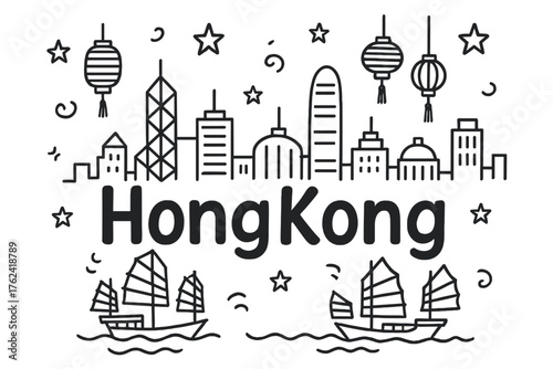Hong Kong Doodle. Doodle hong kong skyline with stars, junks, and lanterns, center word “HongKong” in black and white isolated