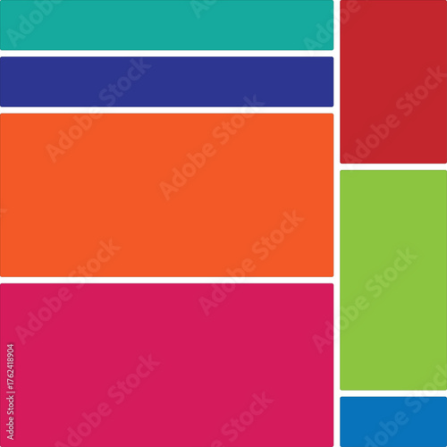 Modern Bento Grid Layout Template . bento box photo frame collage layout. Light mood board mockup horizontal banner. Colorful trendy geometric brick layout collection.