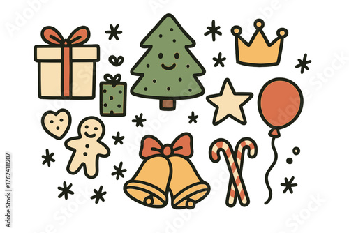 Festive Doodle Icons. Christmas market doodle icon set: hand drawn icons of gifts, tree with smile, crown, star, balloon, cookies,