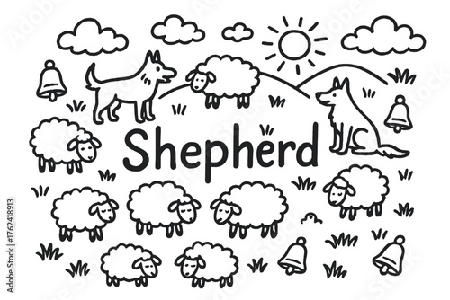 Shepherd Meadow Doodle. Doodle shepherd meadow with sheep, dogs, and bells, center word “Shepherd” in black and white isolated