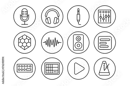 Recording Studio Icons. Line style round icons of recording studio: mic, headphones, guitar input, mixing board; soundproof panel,