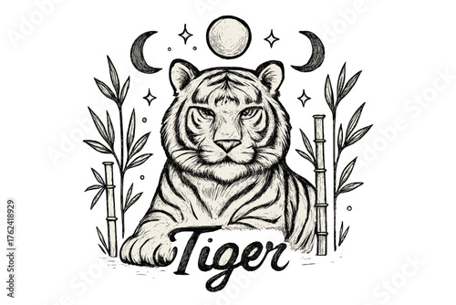 Tiger with Moons. Hand-drawn tiger with moons, bamboo, and sparkles, center word “Tiger” in black and white isolated transparent