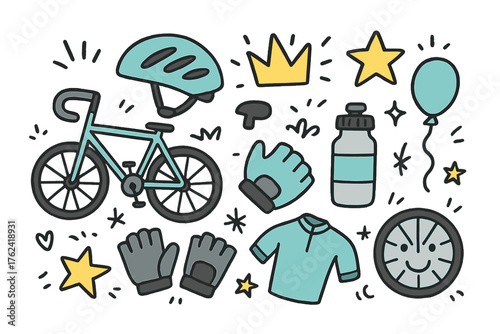 Cycling Doodle Icons. Cycling doodle icon set: hand drawn icons of bike, helmet, crown, star, balloon, water bottle, gloves,