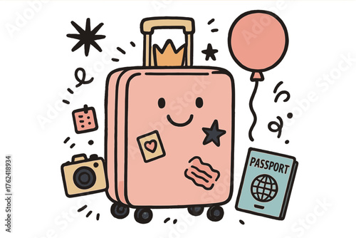 Doodle Luggage Adventure. Travel luggage illustration doodle style: hand drawn suitcase with smile, crown, star, balloon, camera,